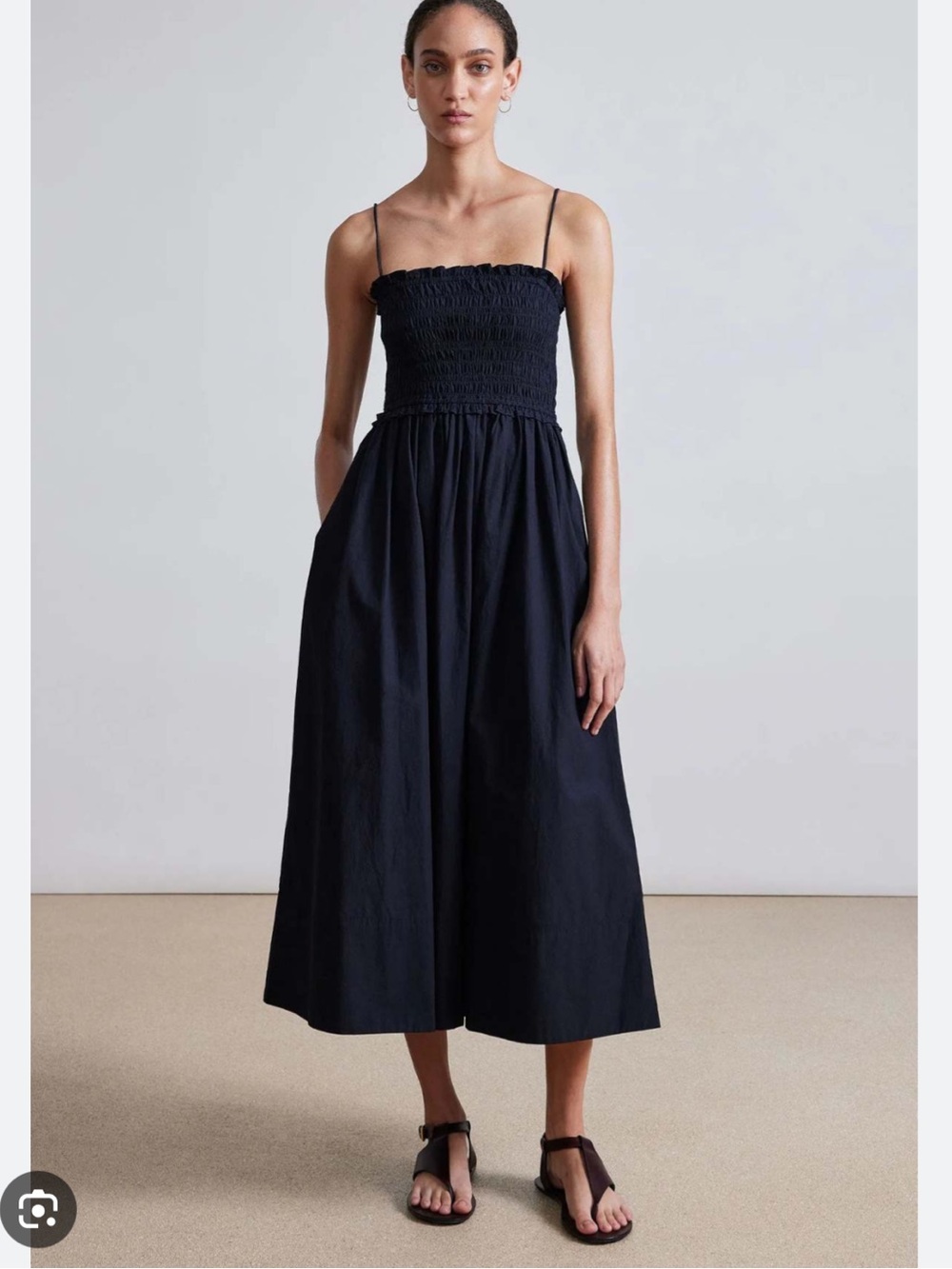 Apiece Apart Black Porta Smocked Spaghetti-Strap Midi Dress, size L